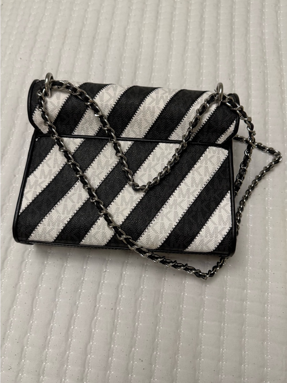 Michael Kors Black & White Diagonal Stripe Chain Crossbody - Picture 2 of 3